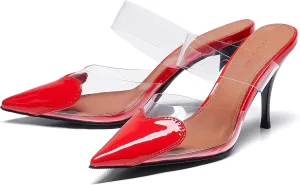 Women's Clear PVC Heeled Sandals Closed Pointed Toe Heart Cut Mules Transparent Slingback Pumps Summer Stiletto High Heels Party Prom Dress Shoes