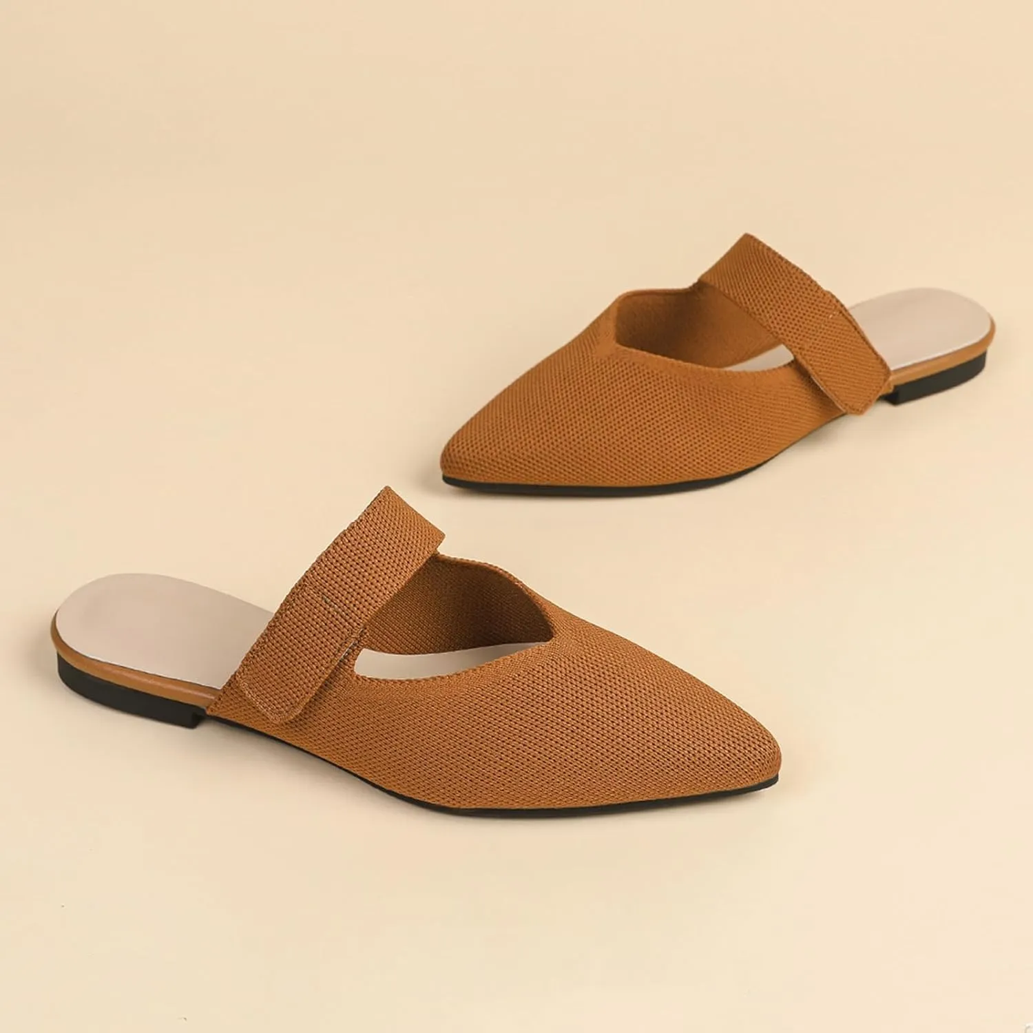 Women's Closed Pointed Toe Knitted Flat Mules Adjustable Hook and Loop Closure Slip On Backless Mule Slides Comfortable Casual Soft Sole Loafers