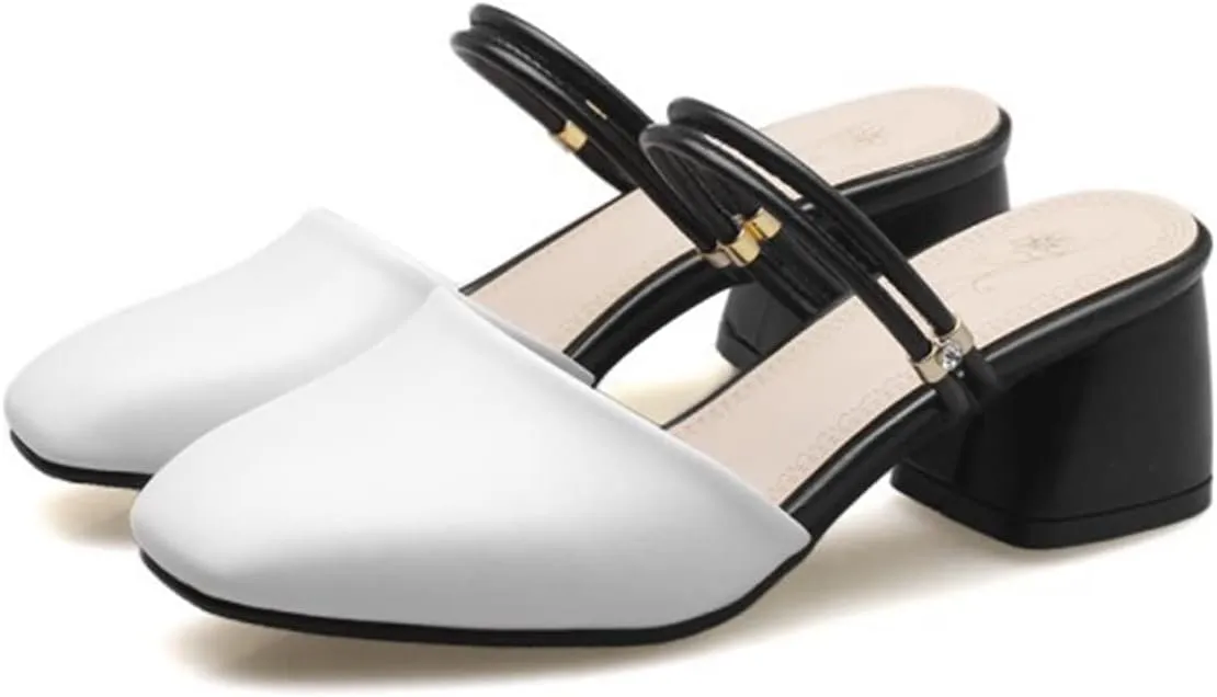 Women's Closed Square Toe Heeled Mules Sandals Mid Block Heel Adjustable Strap Backless Slides Shoes