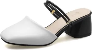 Women's Closed Square Toe Heeled Mules Sandals Mid Block Heel Adjustable Strap Backless Slides Shoes