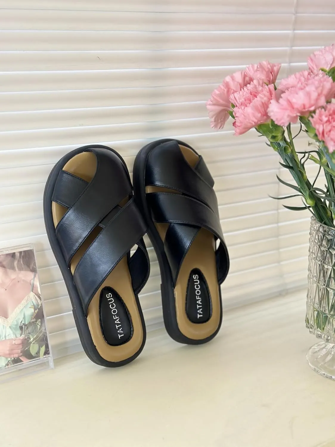 Women's Closed Toe Cross Braided Flat Mules Sandals Roman Classic Leather Comfy Slide Sandal Outdoor Non-Slip Casual Walking Shoes