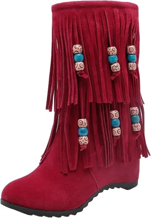 Women's Colors Beads Tassel Suede Boots Fashion Vintage Round Toe Snow Boots Side Zipper Mid Calf Wedge Heels Booties