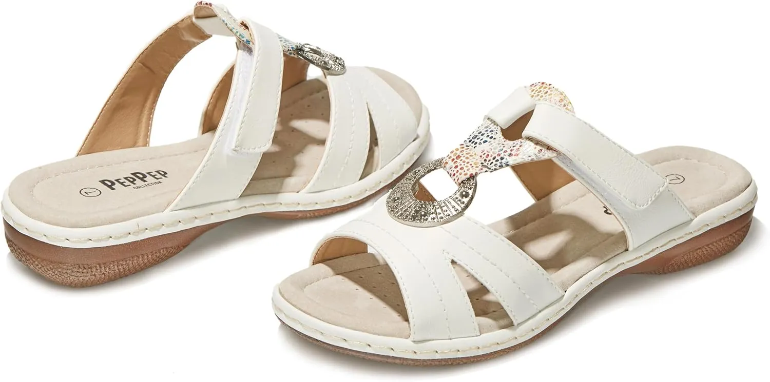 Women's Comfortable Low Wedge Slide Sandals – Dressy Slip-On with Soft Leather, Arch Support, Adjustable Straps & Memory Foam (Orthopedic Friendly)