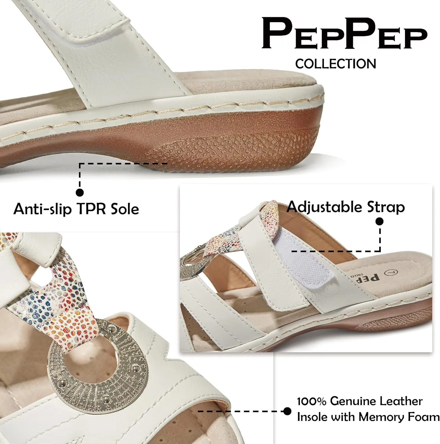Women's Comfortable Low Wedge Slide Sandals – Dressy Slip-On with Soft Leather, Arch Support, Adjustable Straps & Memory Foam (Orthopedic Friendly)