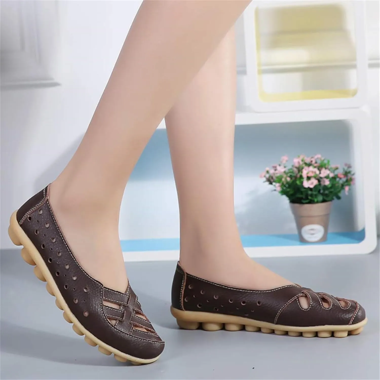 Women's Cowhide Leather Shoes Loafer Casual Slip On Shoe Driving Moccasins Closed Toe Boat Flats Walking Sandals