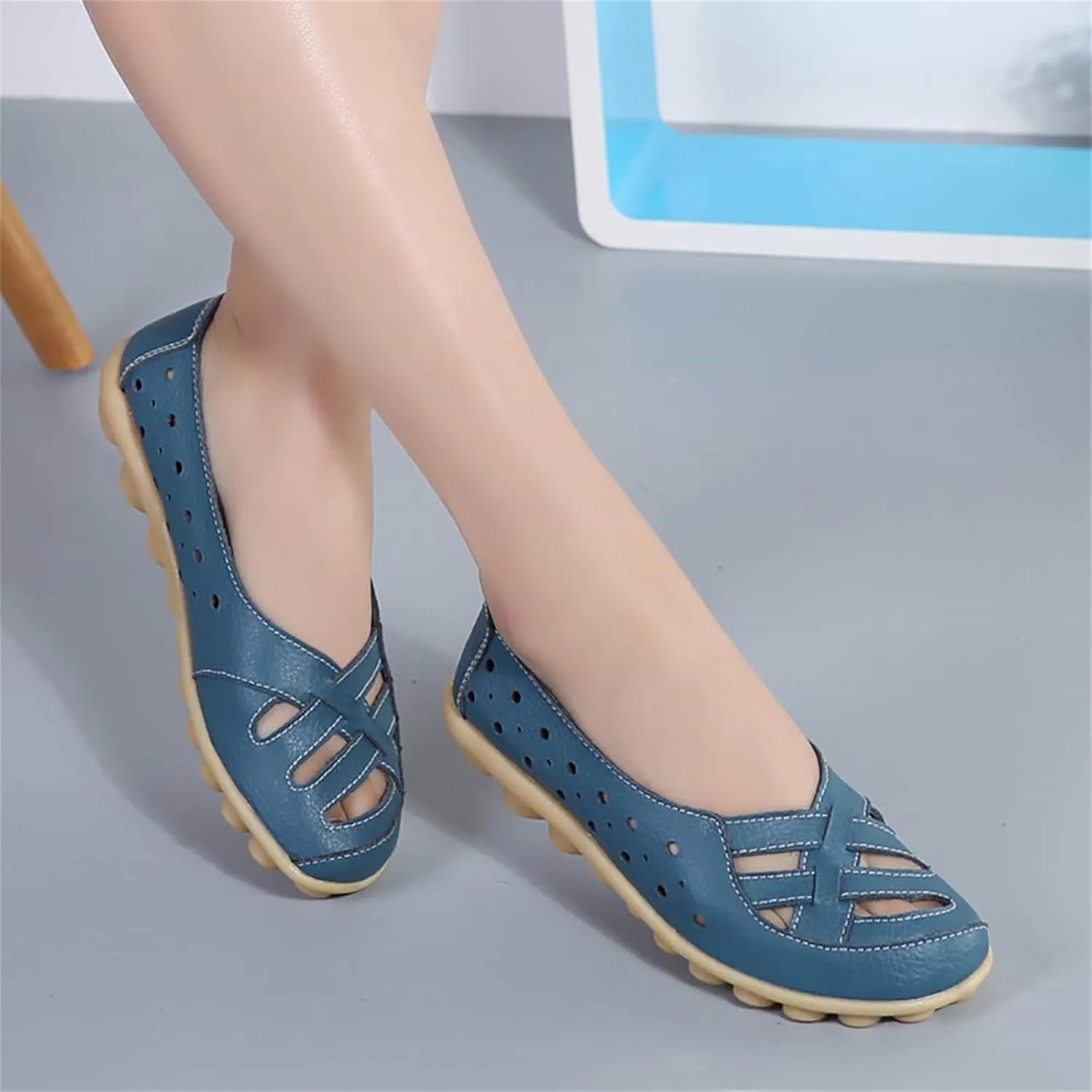 Women's Cowhide Leather Shoes Loafer Casual Slip On Shoe Driving Moccasins Closed Toe Boat Flats Walking Sandals