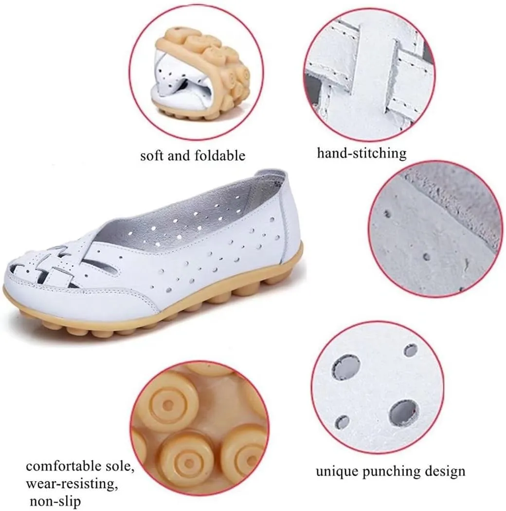 Women's Cowhide Leather Shoes Retro Closed Toe Flat Sandals Casual Comfort Slip On Shoe Fashion Genuine Sandal Wide Box Loafers Shoes Driving Moccasins Dressy Walking Sandals