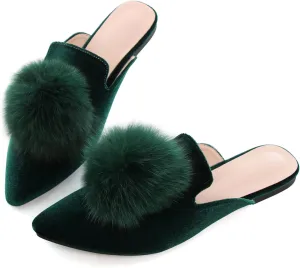 Women's Cute Pom Pom Mules Velvet Flats Shoes for Girls,Sexy Pointy Toe Slip On Mules Slides Office Work Backless Loafers Green Size 9