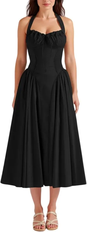 Women's Elegant Halter Boho Vintage Midi Dress Sexy Empire Waist Pleated A-Line Sundress