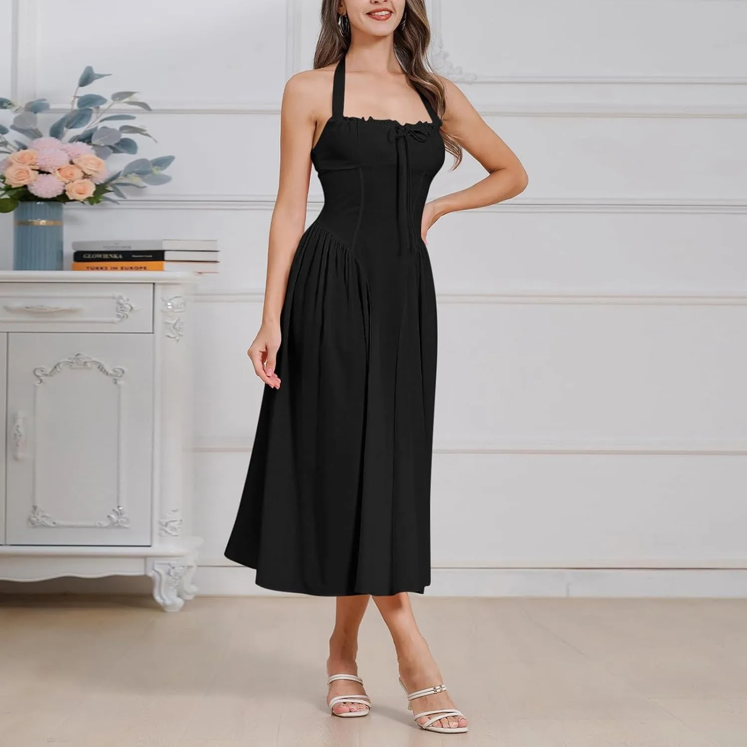 Women's Elegant Halter Boho Vintage Midi Dress Sexy Empire Waist Pleated A-Line Sundress