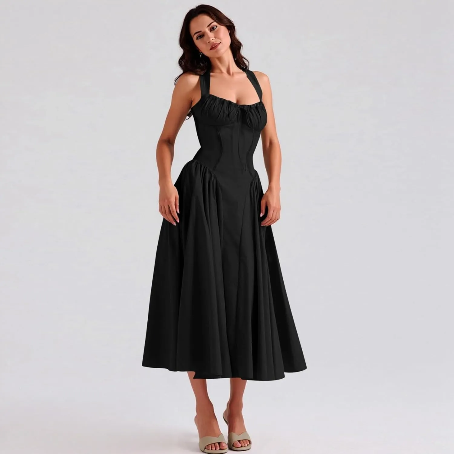 Women's Elegant Halter Boho Vintage Midi Dress Sexy Empire Waist Pleated A-Line Sundress