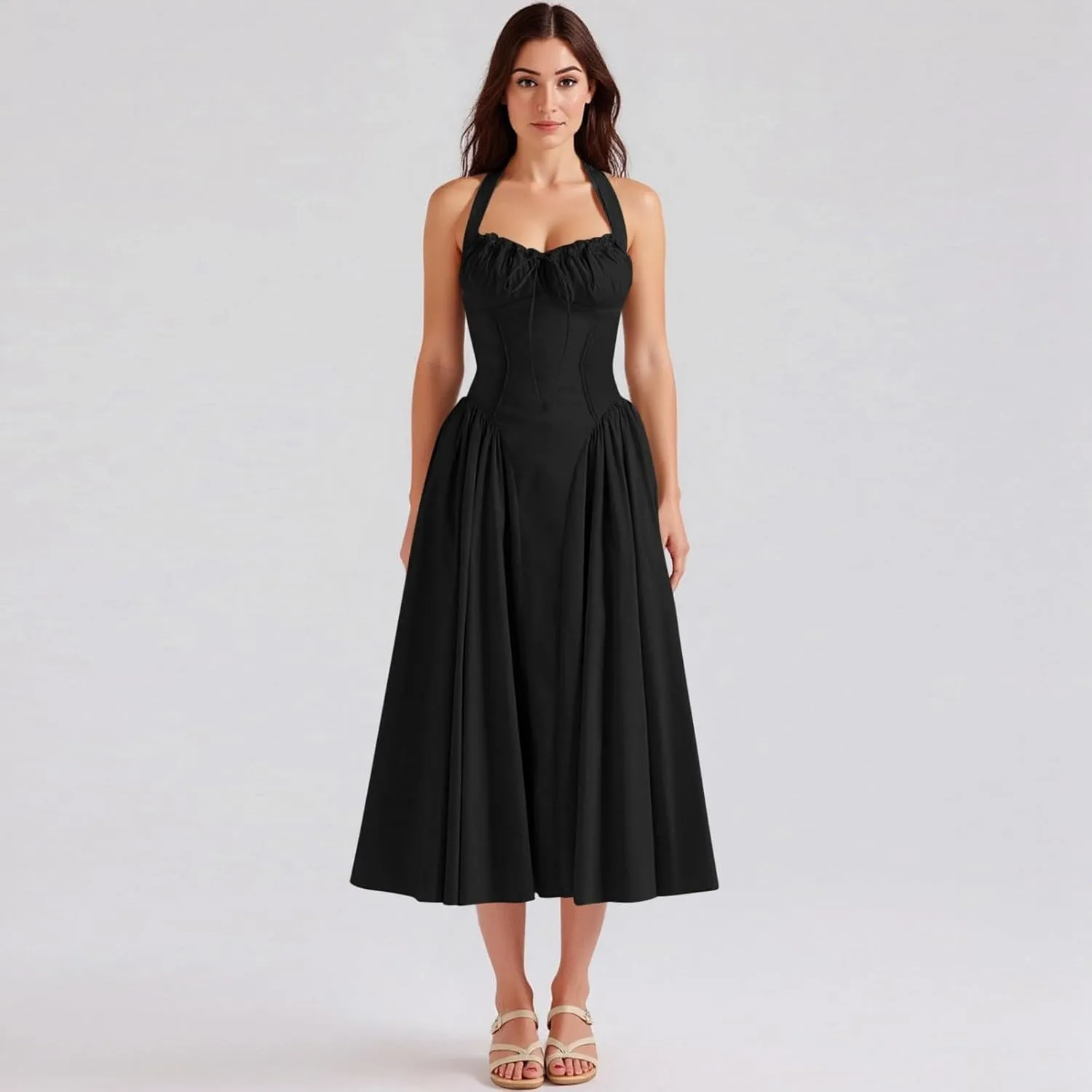 Women's Elegant Halter Boho Vintage Midi Dress Sexy Empire Waist Pleated A-Line Sundress
