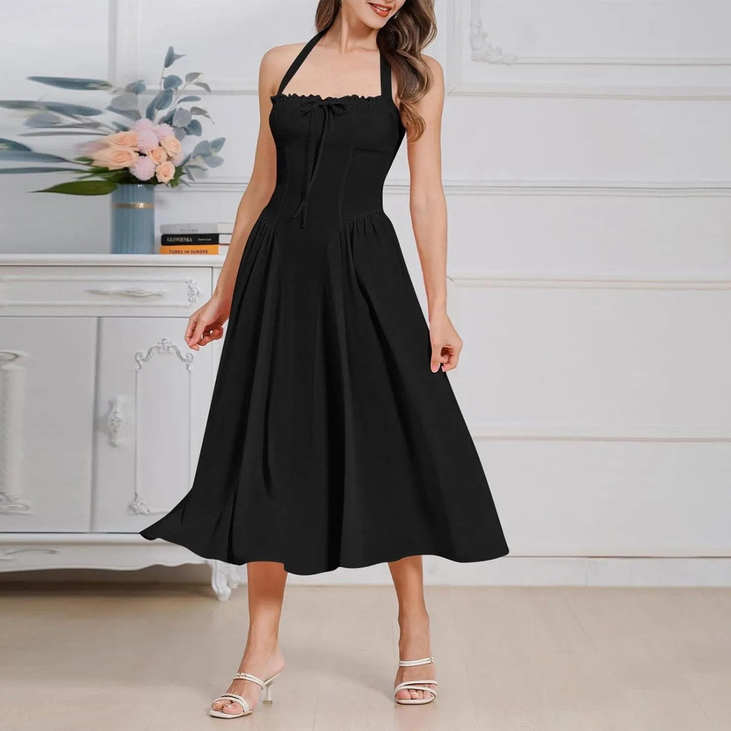 Women's Elegant Halter Boho Vintage Midi Dress Sexy Empire Waist Pleated A-Line Sundress