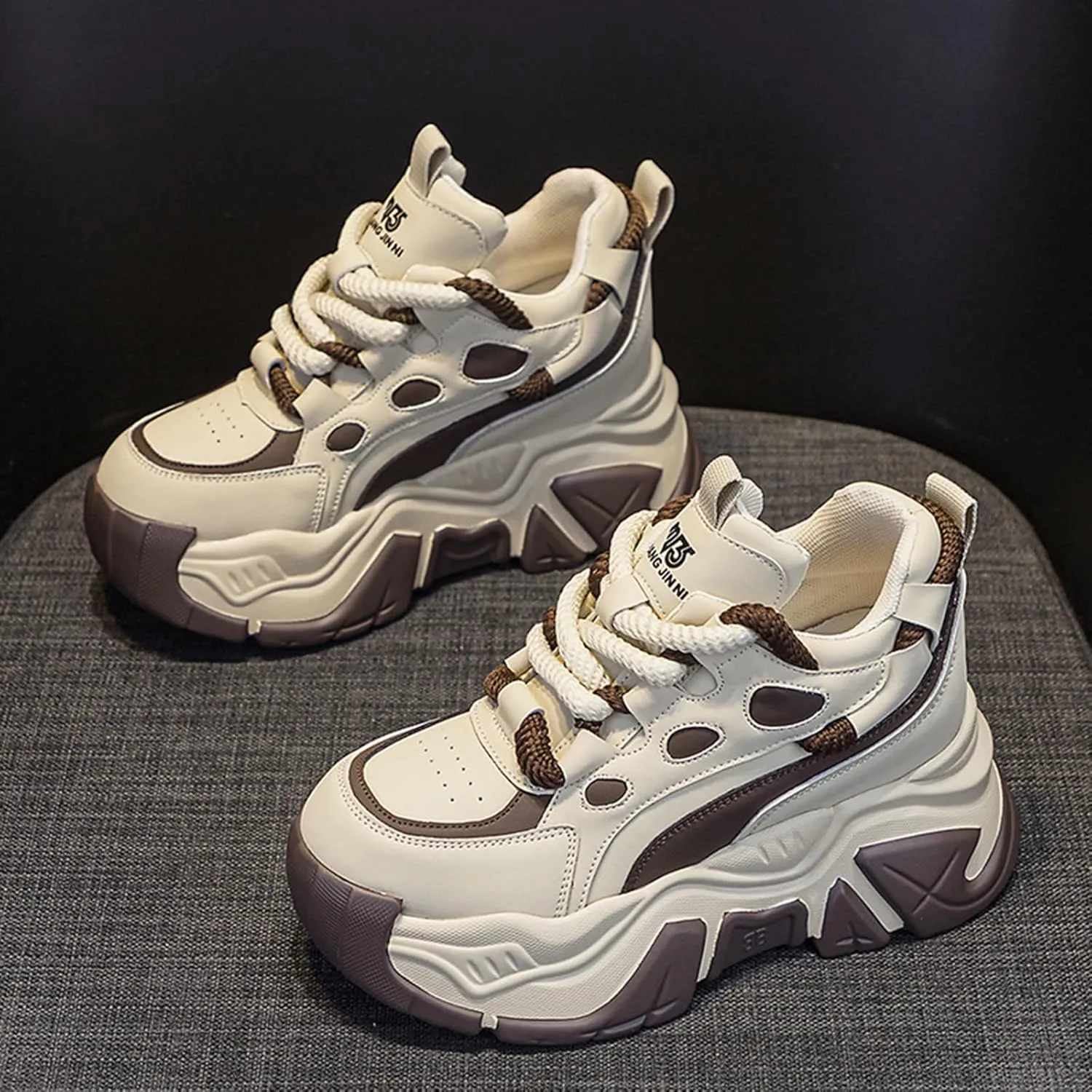 Women's Fashion Leather Chunky Platform Sneakers,Lace Up Winter Fur Lined Stylish Comfortable Wedge Walking Dad Shoes Sneakers