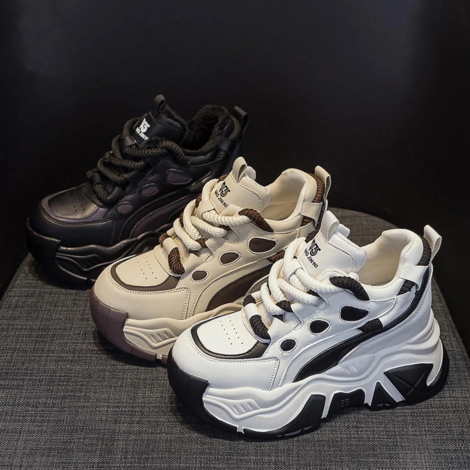 Women's Fashion Leather Chunky Platform Sneakers,Lace Up Winter Fur Lined Stylish Comfortable Wedge Walking Dad Shoes Sneakers