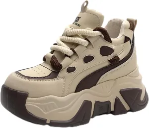 Women's Fashion Leather Chunky Platform Sneakers,Lace Up Winter Fur Lined Stylish Comfortable Wedge Walking Dad Shoes Sneakers