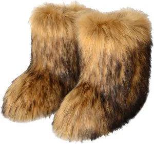 Women's Faux Fur Boots Furry Mid Calf Fur Boots Comfortable Outdoor Flat Shoes Winter Warm Plush Surface Snow Boots