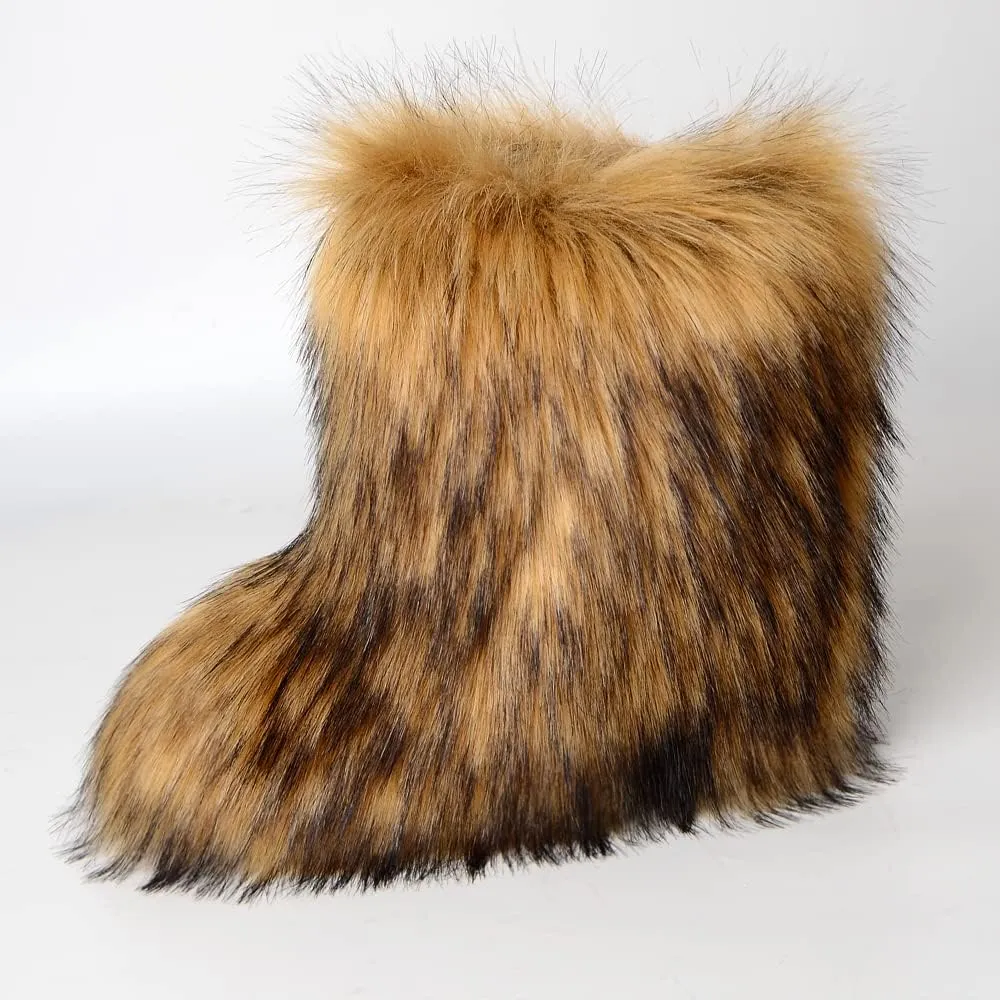 Women's Faux Fur Boots Furry Mid Calf Fur Boots Comfortable Outdoor Flat Shoes Winter Warm Plush Surface Snow Boots