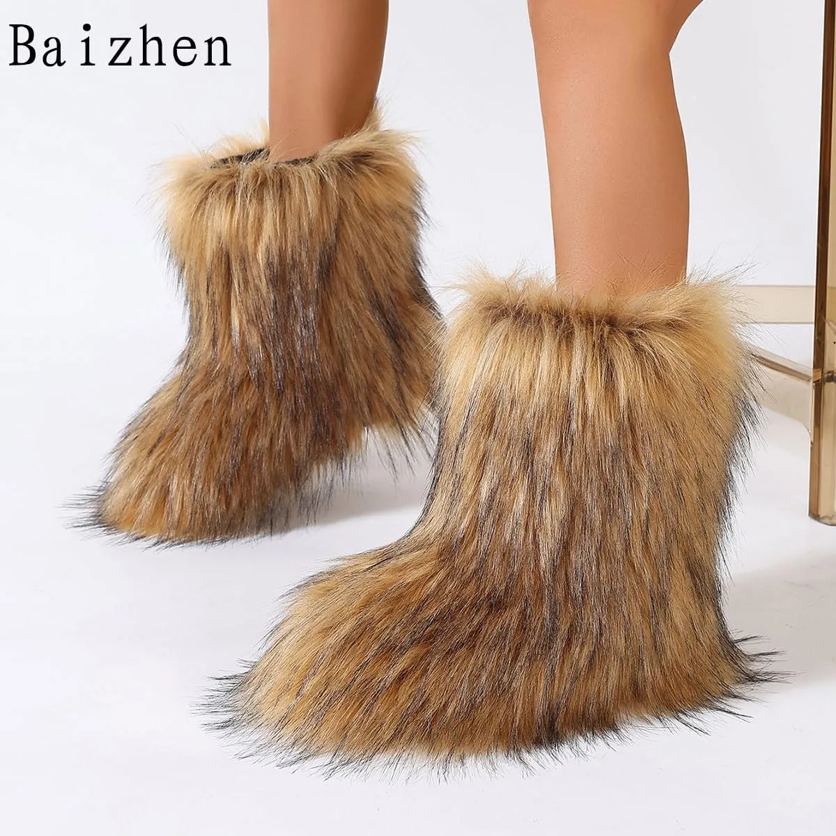 Women's Faux Fur Boots Furry Mid Calf Fur Boots Comfortable Outdoor Flat Shoes Winter Warm Plush Surface Snow Boots