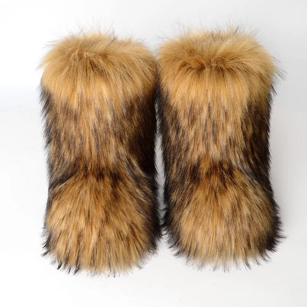 Women's Faux Fur Boots Furry Mid Calf Fur Boots Comfortable Outdoor Flat Shoes Winter Warm Plush Surface Snow Boots