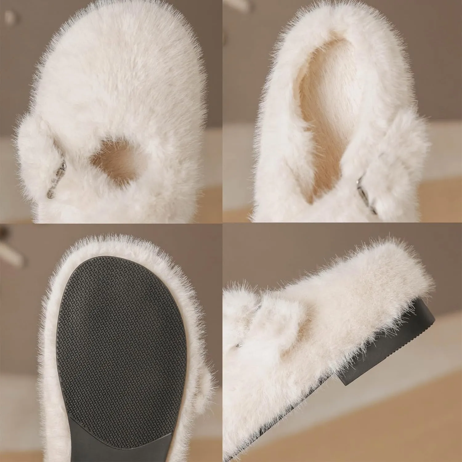 Women's Faux Fur Flat Round Toe Slip On Loafers Buckle Anti-Slip Platform Slippers Casual Fur Mules Slides Shoes