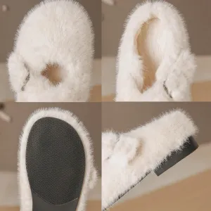 Women's Faux Fur Flat Round Toe Slip On Loafers Buckle Anti-Slip Platform Slippers Casual Fur Mules Slides Shoes