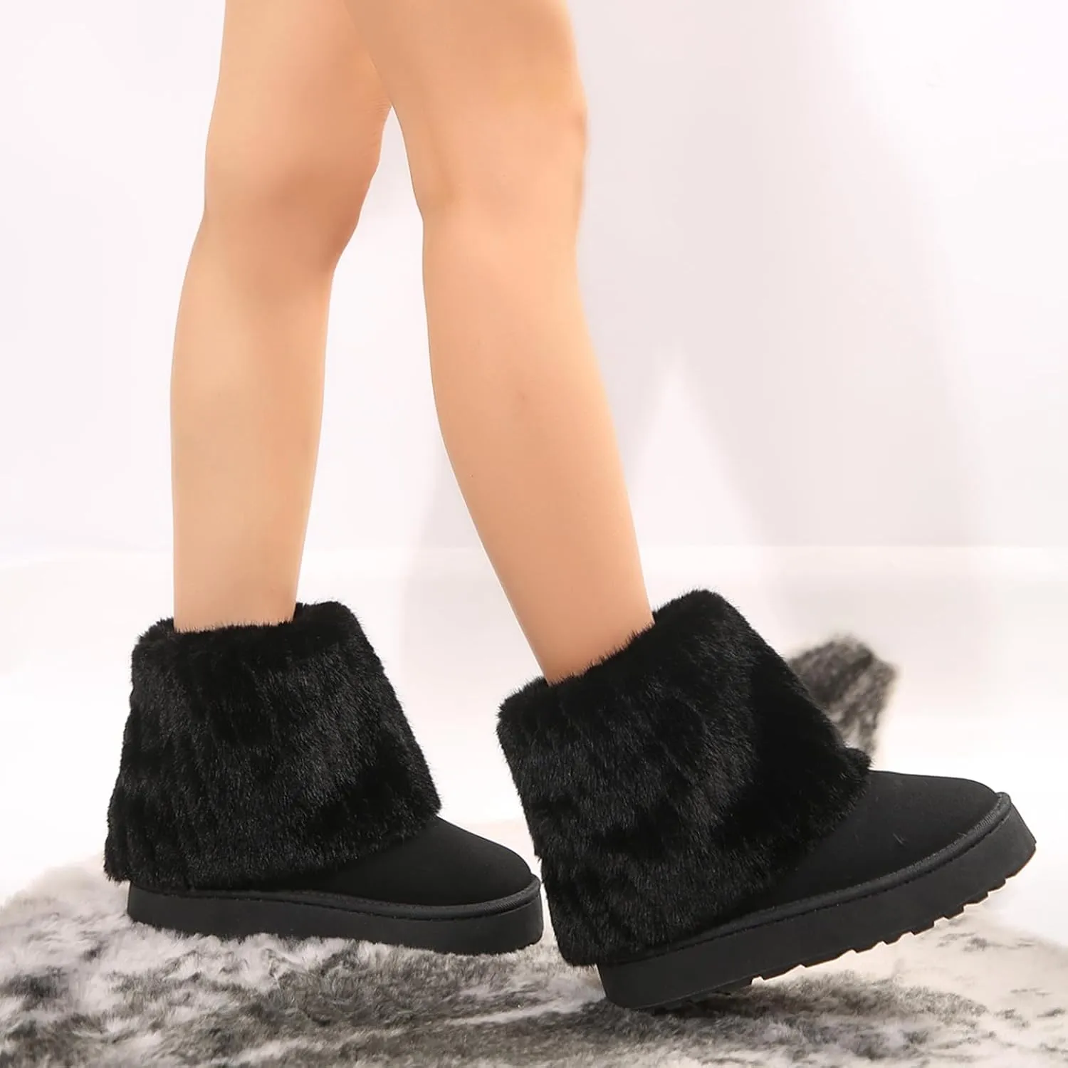 Women's Faux Fur Mid Calf Snow Boots - Round Toe Suede Warm Fur Lined Platform Flat Comfort Outdoor Winter Fashion Boots