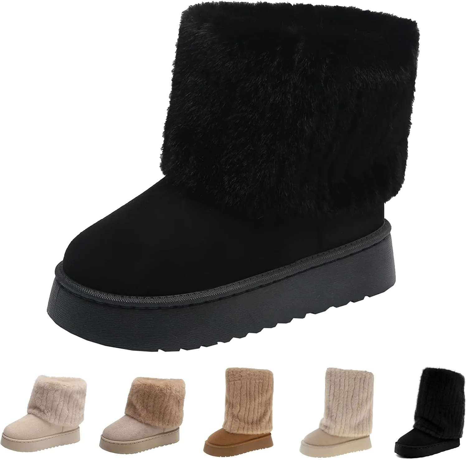 Women's Faux Fur Mid Calf Snow Boots - Round Toe Suede Warm Fur Lined Platform Flat Comfort Outdoor Winter Fashion Boots