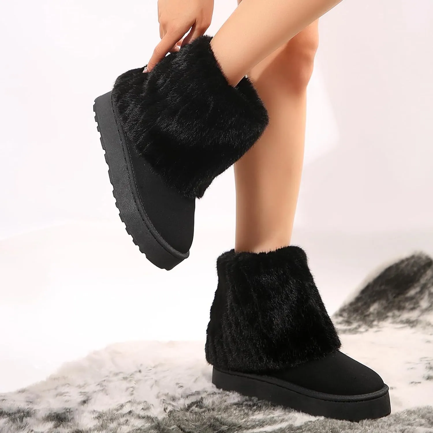 Women's Faux Fur Mid Calf Snow Boots - Round Toe Suede Warm Fur Lined Platform Flat Comfort Outdoor Winter Fashion Boots