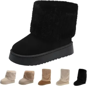 Women's Faux Fur Mid Calf Snow Boots - Round Toe Suede Warm Fur Lined Platform Flat Comfort Outdoor Winter Fashion Boots