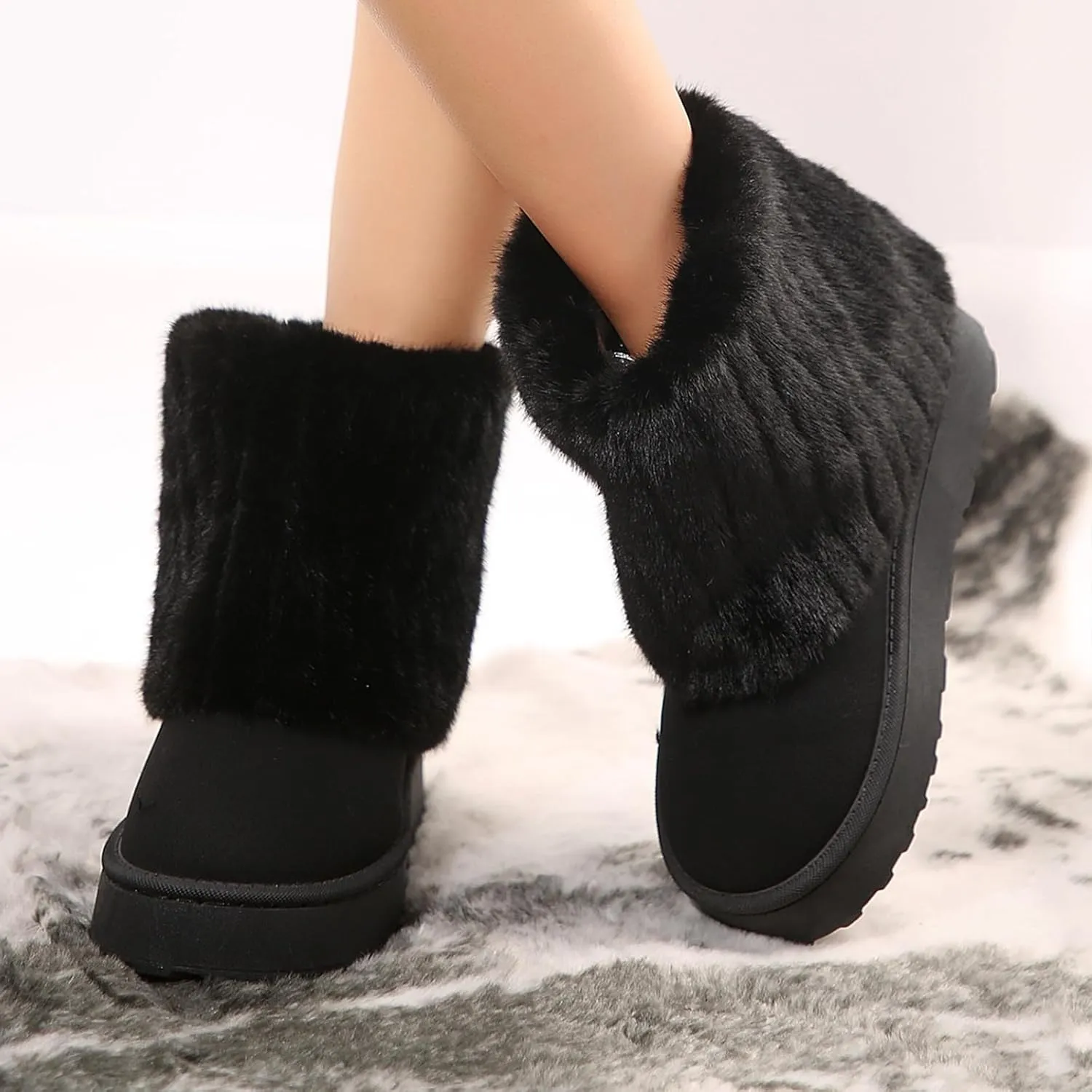 Women's Faux Fur Mid Calf Snow Boots - Round Toe Suede Warm Fur Lined Platform Flat Comfort Outdoor Winter Fashion Boots