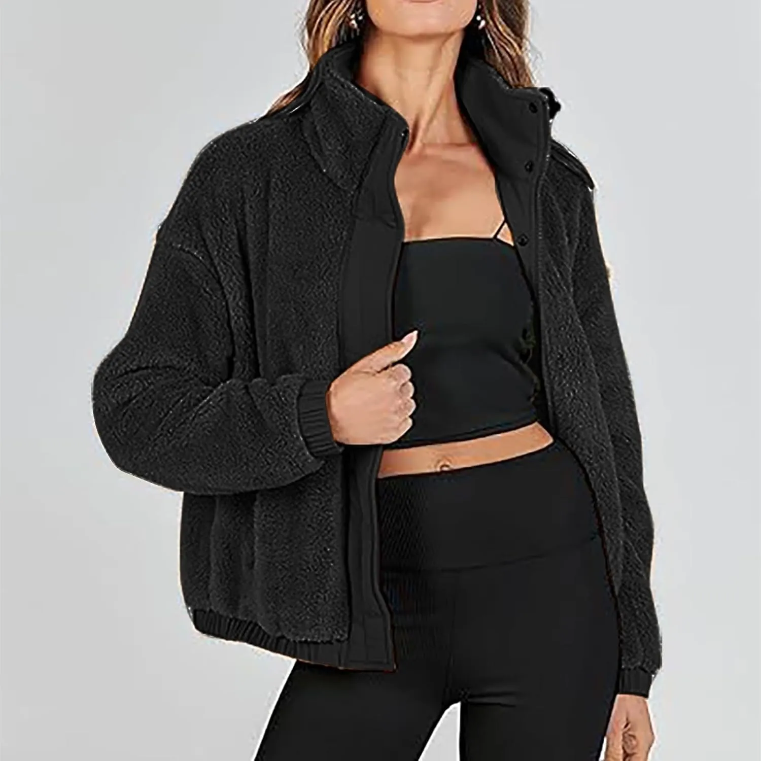 Womens Fleece Jacket 2024 Winter Fashionable Coat Long Sleeve with Full Zipper and Pocket Teddy Coats