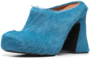 Women's Fuzzy Faux Fur Heeles Mules Fluffy Long Hair Slippers Closed Toe Block Heel Slides Outdoor Slip on Fur Pumps