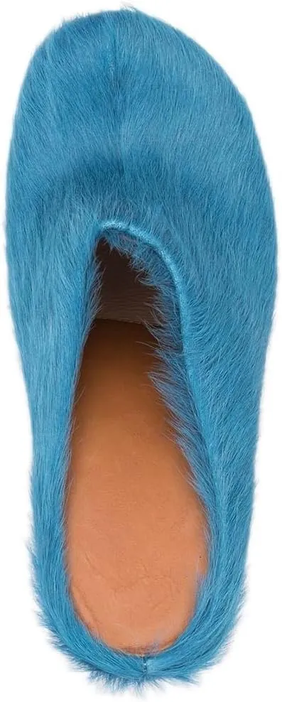 Women's Fuzzy Faux Fur Heeles Mules Fluffy Long Hair Slippers Closed Toe Block Heel Slides Outdoor Slip on Fur Pumps