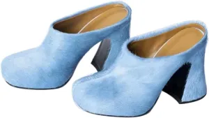 Women's Fuzzy Faux Fur Heeles Mules Fluffy Long Hair Slippers Closed Toe Block Heel Slides Outdoor Slip on Fur Pumps