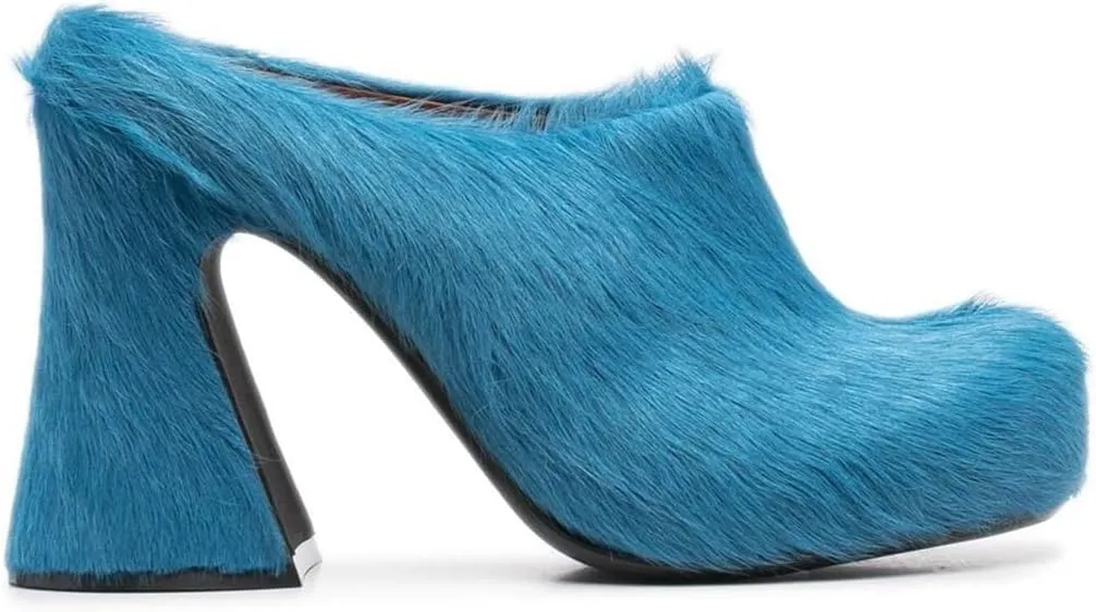 Women's Fuzzy Faux Fur Heeles Mules Fluffy Long Hair Slippers Closed Toe Block Heel Slides Outdoor Slip on Fur Pumps