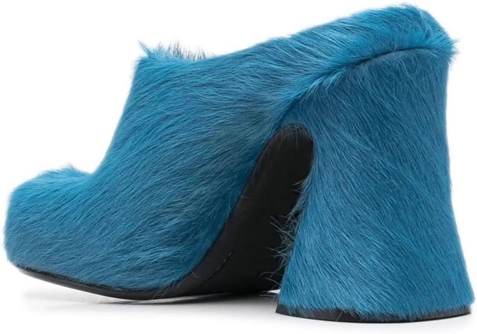 Women's Fuzzy Faux Fur Heeles Mules Fluffy Long Hair Slippers Closed Toe Block Heel Slides Outdoor Slip on Fur Pumps