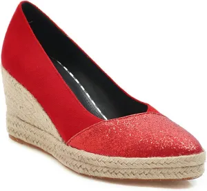 Womens Glitter Espadrilles Wedge Pumps Platform Slip On Fashion Closed Pointed Toe Comfort Dress Shoes