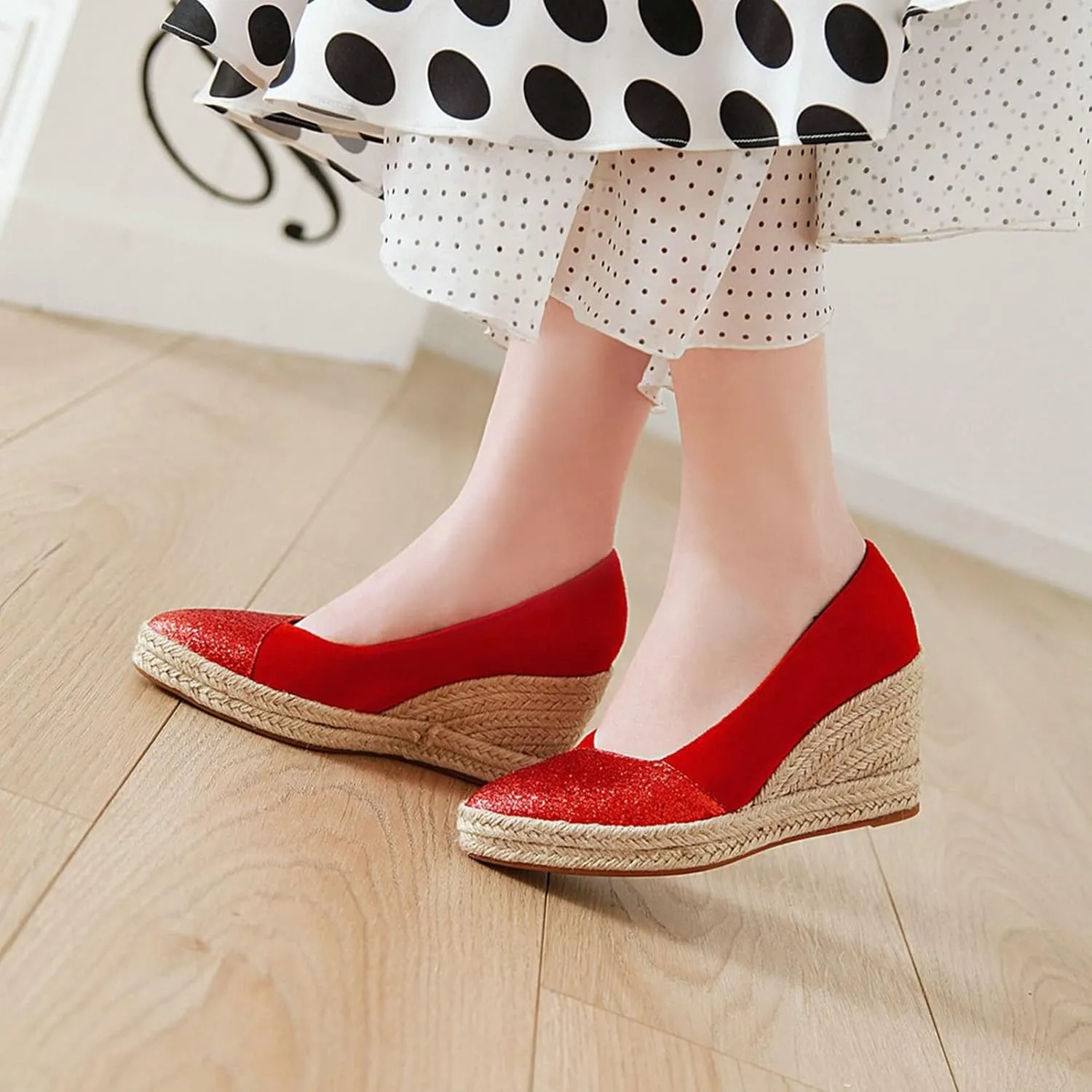 Womens Glitter Espadrilles Wedge Pumps Platform Slip On Fashion Closed Pointed Toe Comfort Dress Shoes