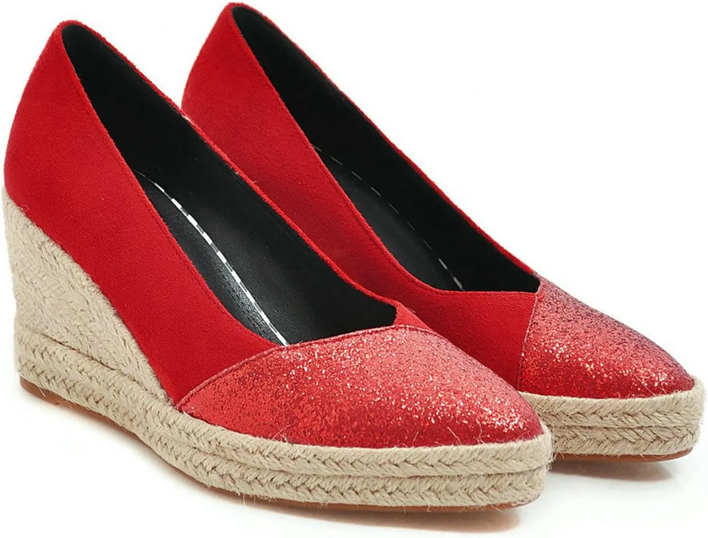 Womens Glitter Espadrilles Wedge Pumps Platform Slip On Fashion Closed Pointed Toe Comfort Dress Shoes