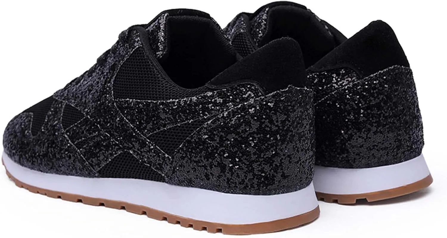 Women's Glitter Sneakers Lace up Casual Flat Sparkle Walking Shoes