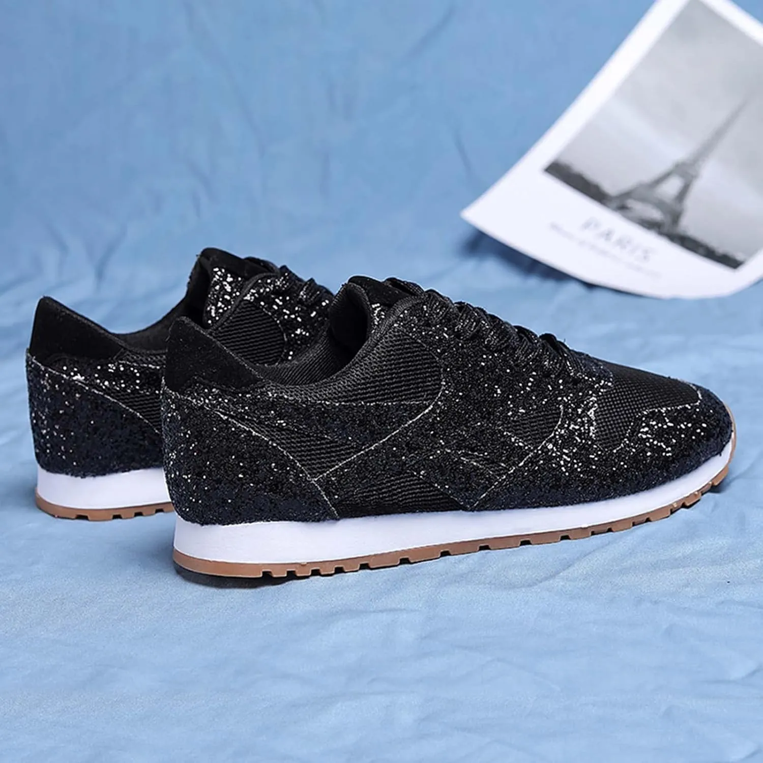 Women's Glitter Sneakers Lace up Casual Flat Sparkle Walking Shoes