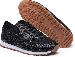 Women's Glitter Sneakers Lace up Casual Flat Sparkle Walking Shoes