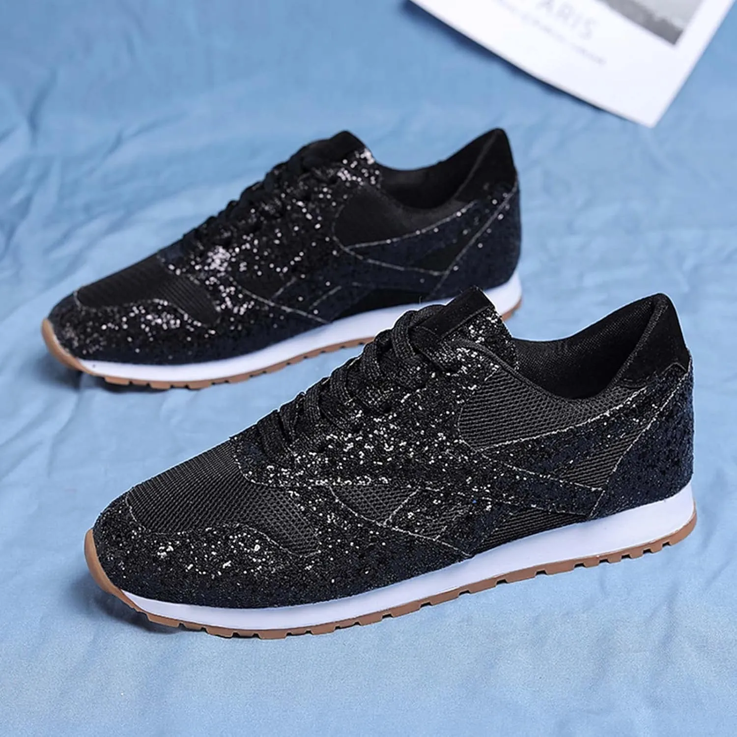 Women's Glitter Sneakers Lace up Casual Flat Sparkle Walking Shoes