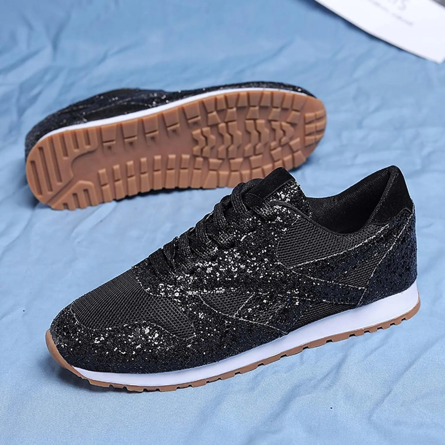 Women's Glitter Sneakers Lace up Casual Flat Sparkle Walking Shoes