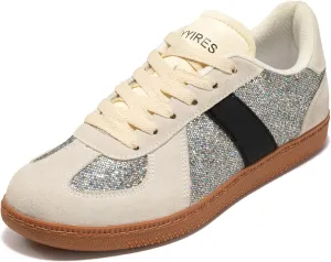 Women’s Glitter Sparkly Fashion Sneakers – Classic Retro Lace-Up Trainers with Non-Slip Gum Sole and Cushioned Insole for Casual Walking Street Style