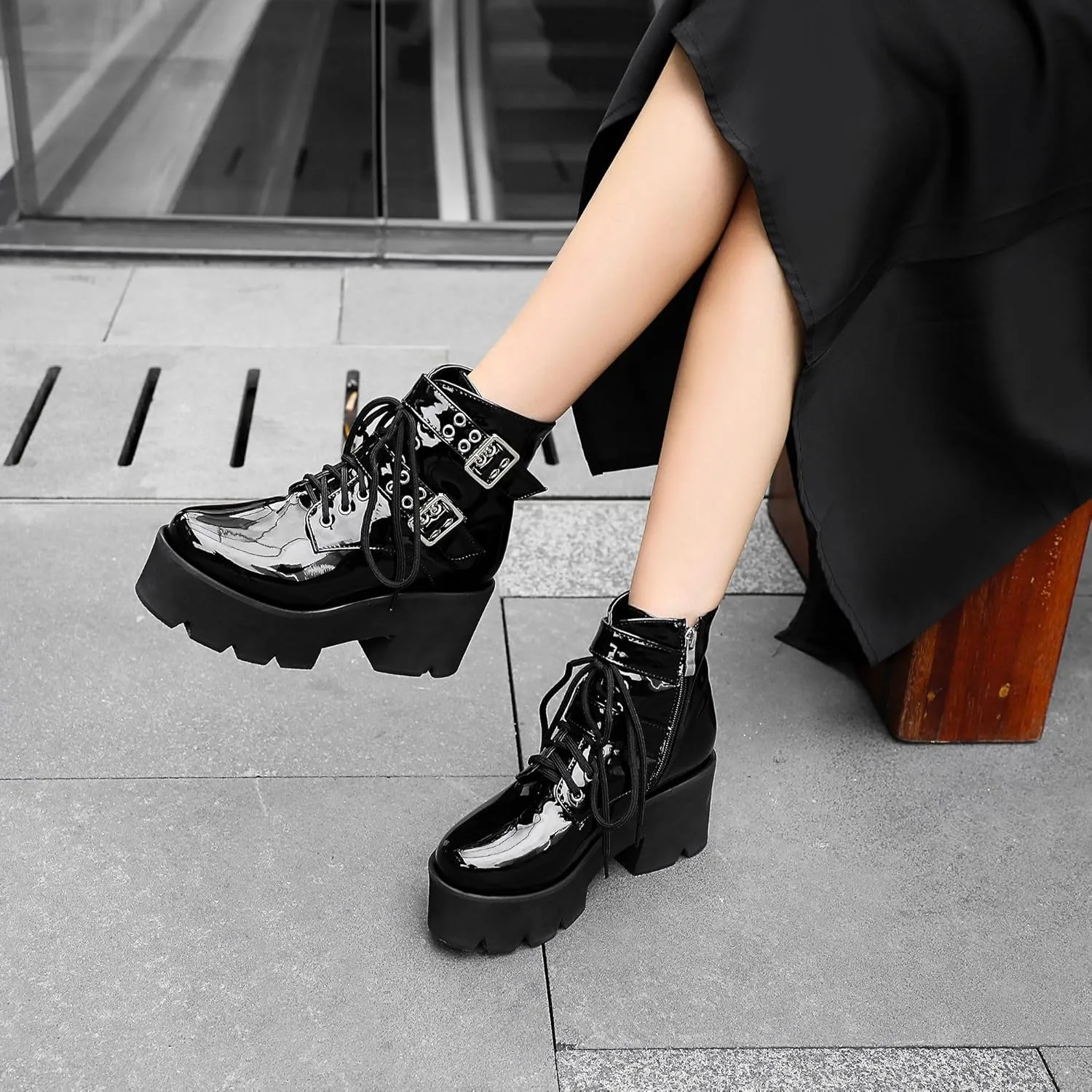 Women's Goth Platform Boots, Cosplay Gothic Combat Boots, Punk Chunky Block Ankle Booties Shoes