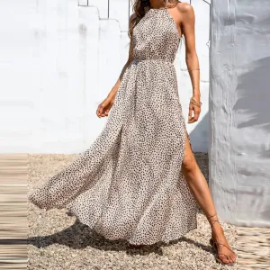 Women’s Halter Neck Maxi Dress – A-Line Fit – Sleeveless – Polka Dot – High Slit