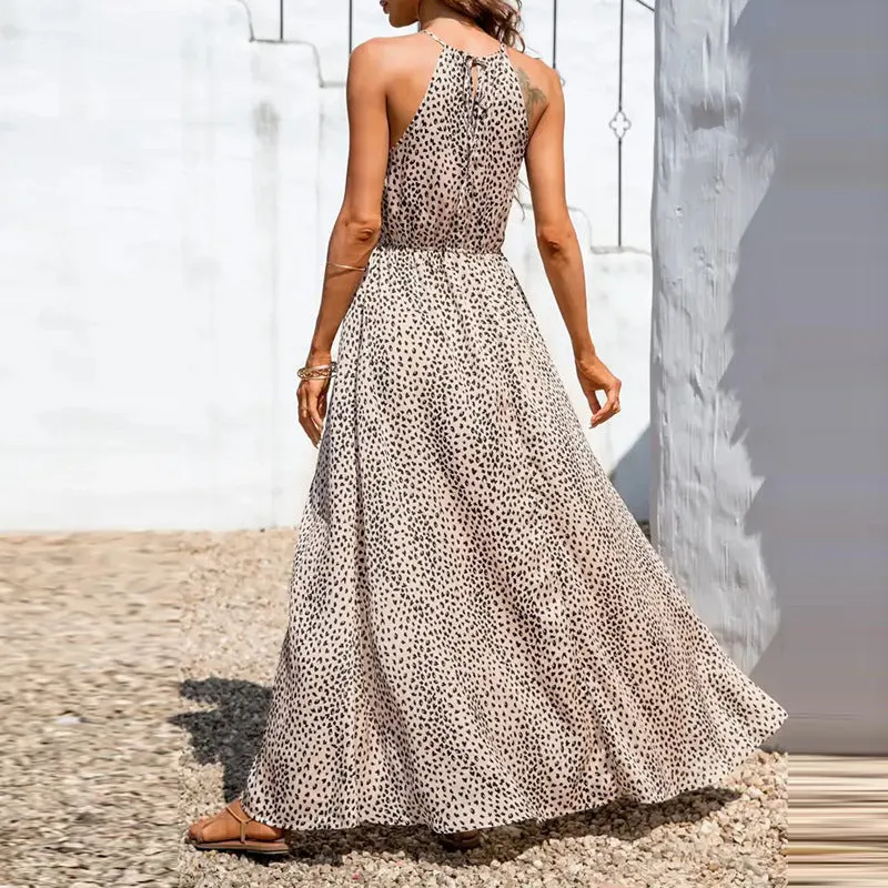 Women’s Halter Neck Maxi Dress – A-Line Fit – Sleeveless – Polka Dot – High Slit