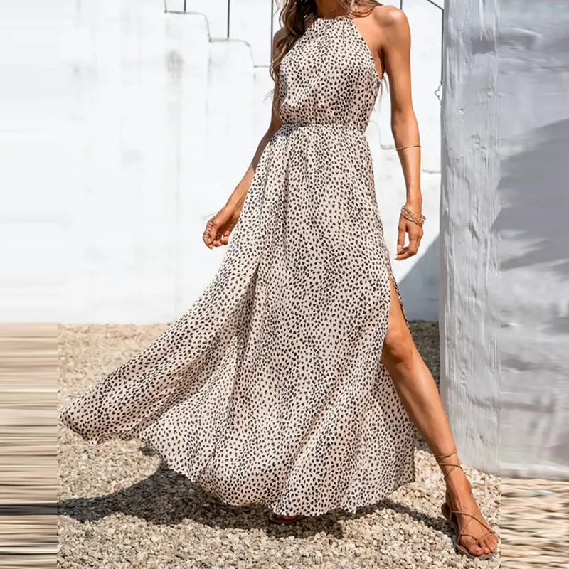 Women’s Halter Neck Maxi Dress – A-Line Fit – Sleeveless – Polka Dot – High Slit